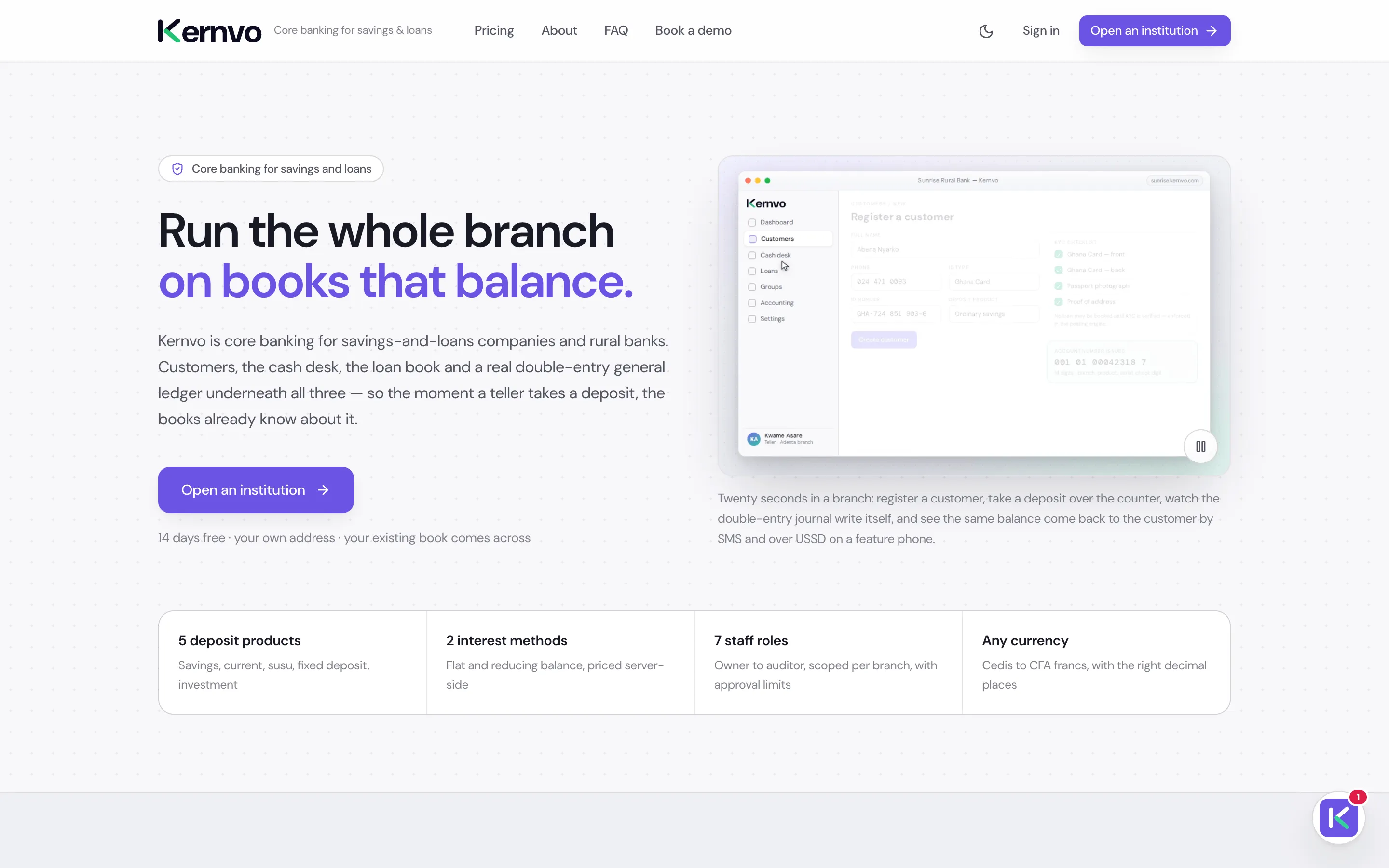 The Kernvo product site — the headline “Run the whole branch on books that balance” above a row of product facts
