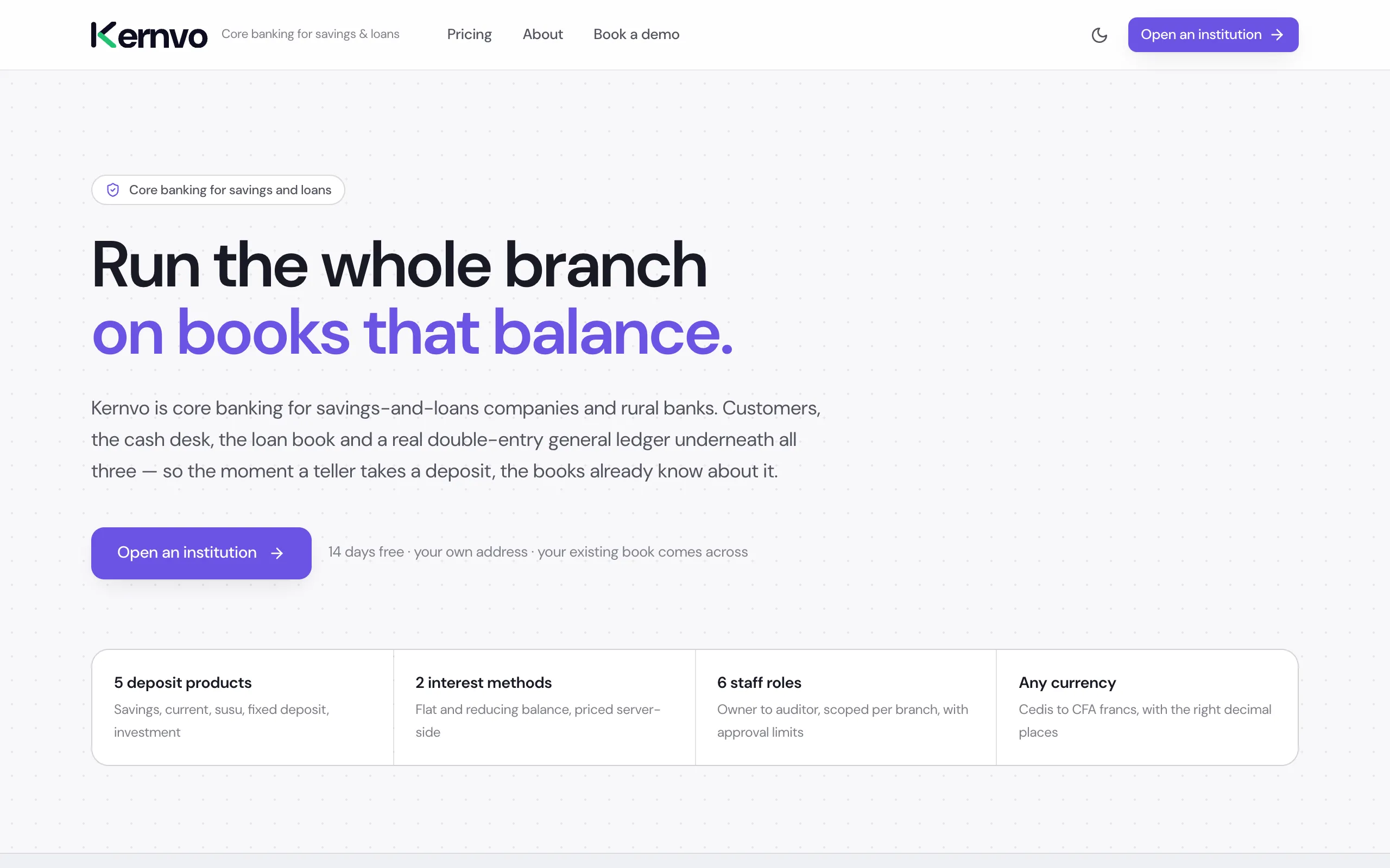 The Kernvo product site — the headline “Run the whole branch on books that balance” above a row of product facts