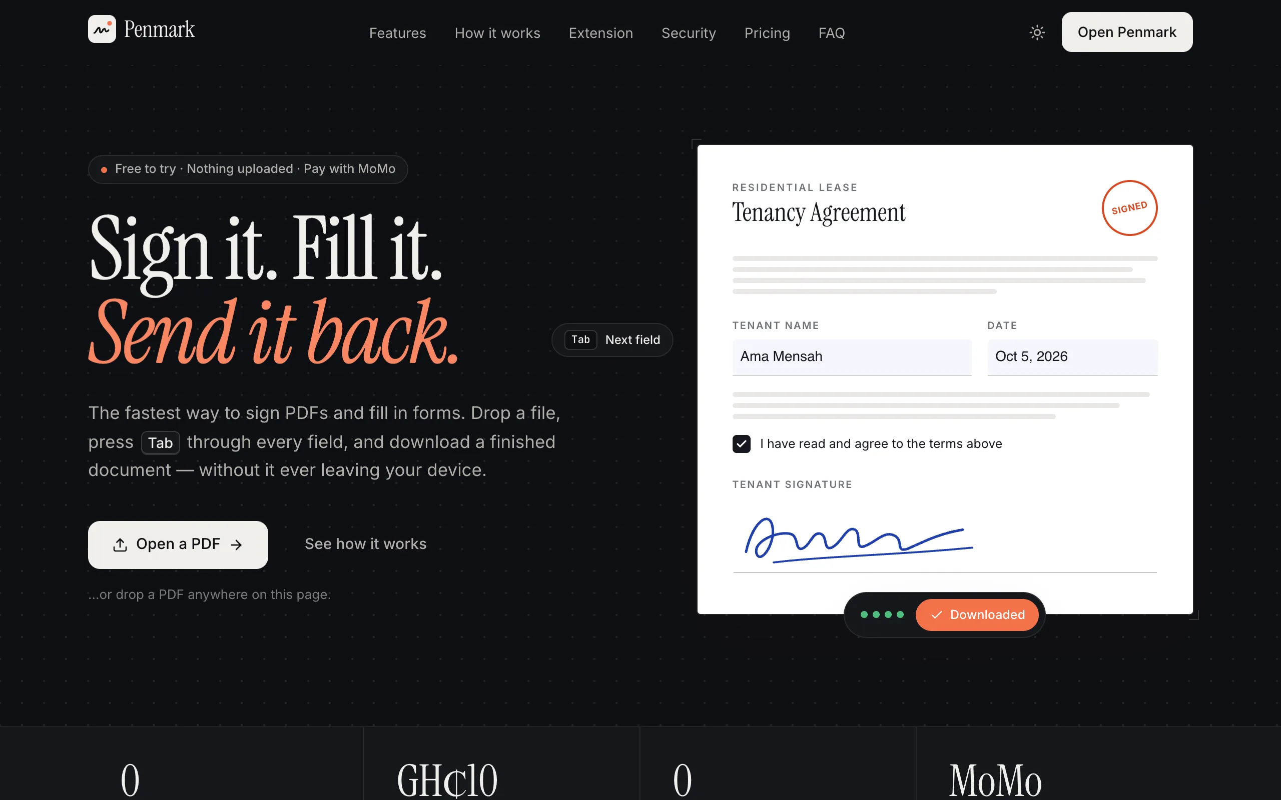 The Penmark product site — the headline “Sign it. Fill it. Send it back.” above a live form being filled