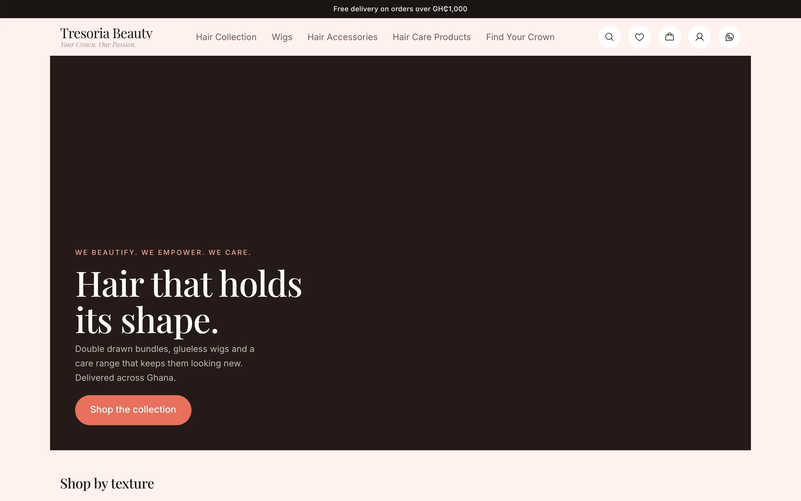 The Tresoria Beauty storefront — wordmark, category navigation and a dark hero panel reading “Hair that holds its shape”