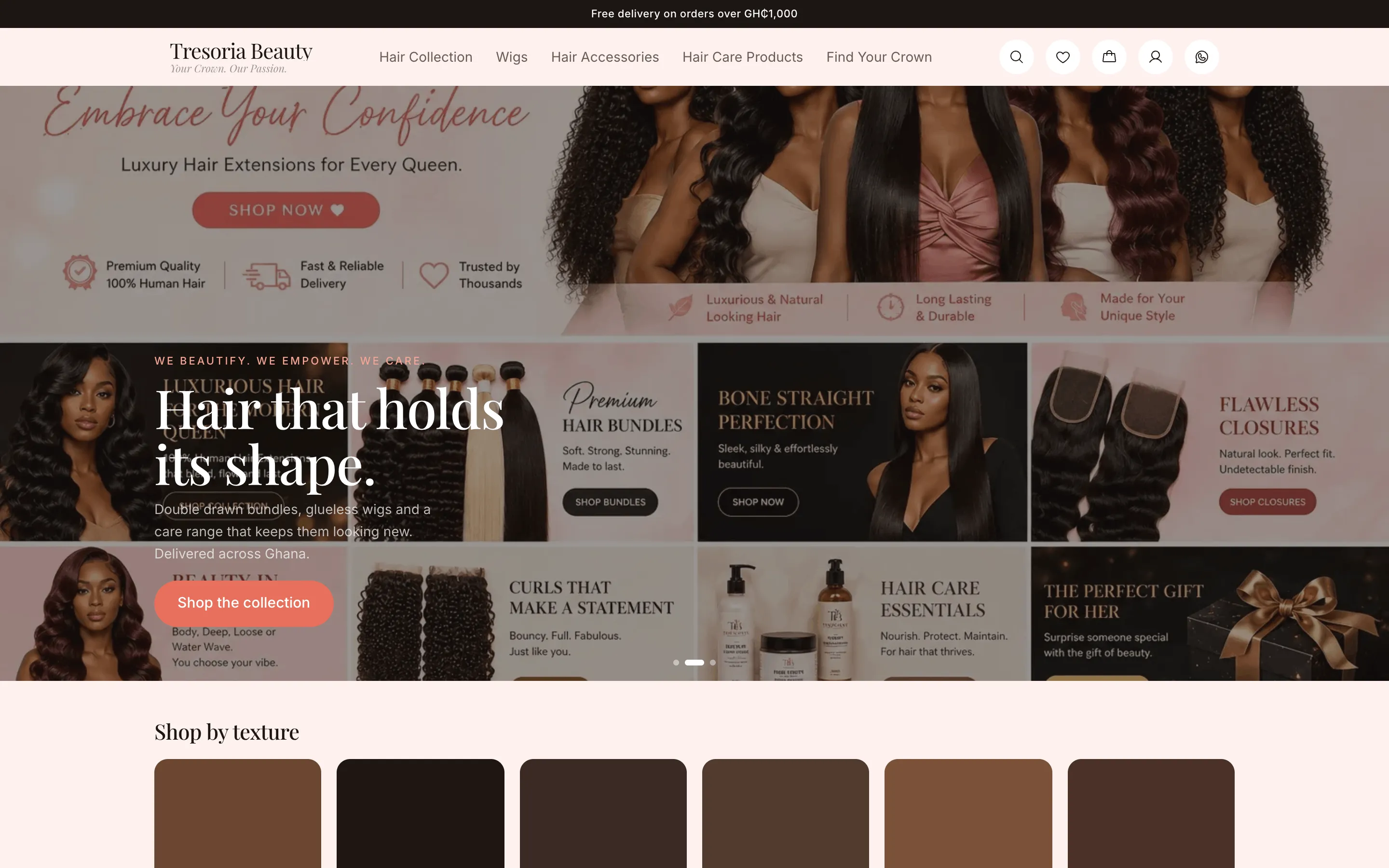 The Tresoria Beauty storefront — cream header, “Embrace Your Confidence” hair hero, and the collection grid